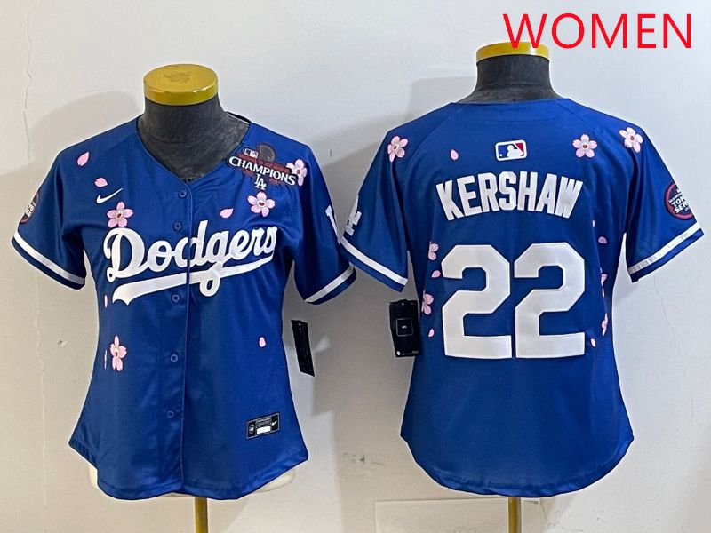 Women Los Angeles Dodgers 22 Kershaw Blue White Blue Sakura Edition 2025 Nike MLB Jersey style 5